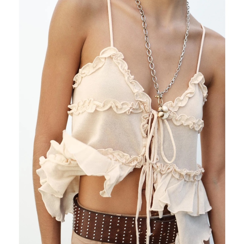 Zara cream ruffle tie front tank top size medium